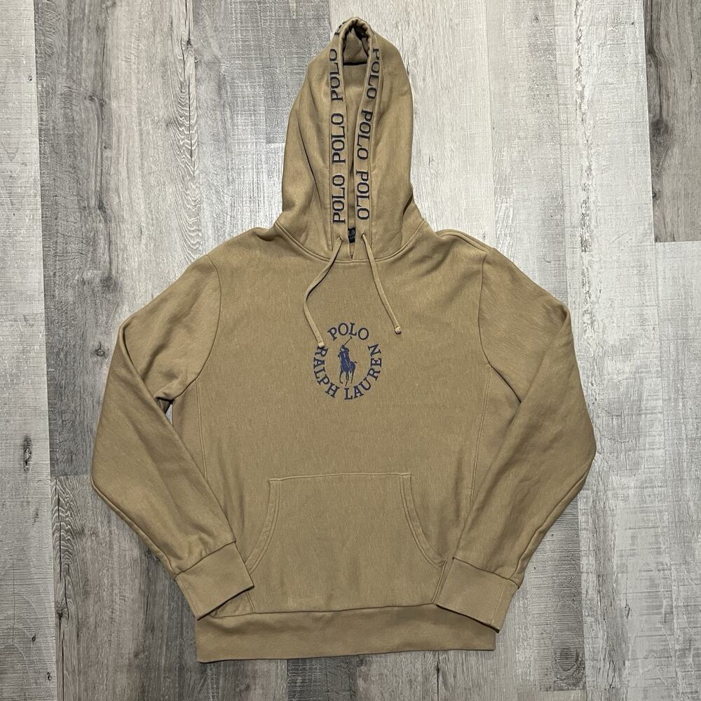 Polo Ralph Lauren Light Brown Pull Over Hoodie Beige Spell Out Drawstring Sz M